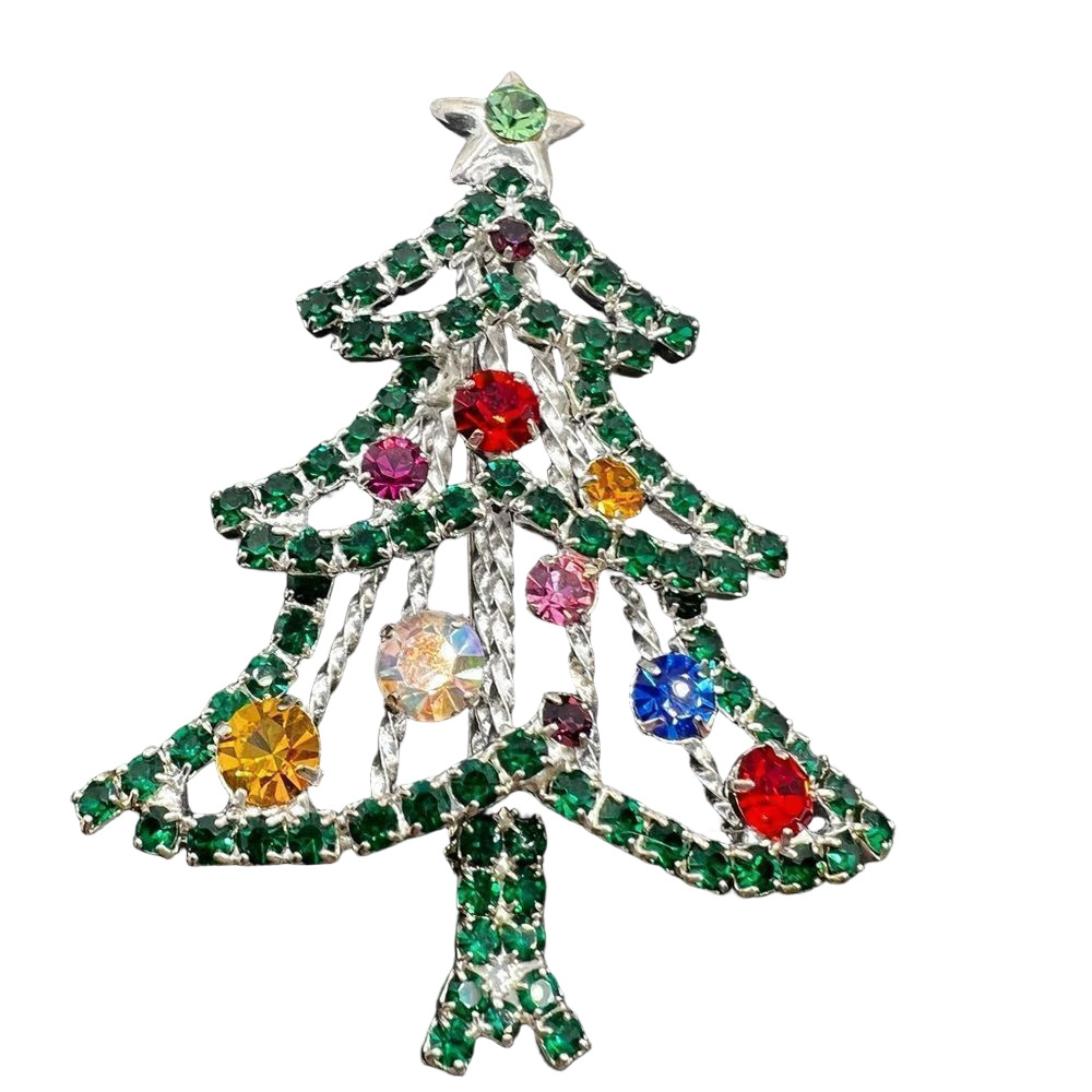 Rhinestone studded multicolor Christmas tree with ornament pin brooch
